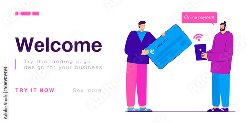 Man paying online via tablet and person holding huge credit card. Payment methods flat vector illustration. Online payment, money transfer concept for banner, website design or landing web page