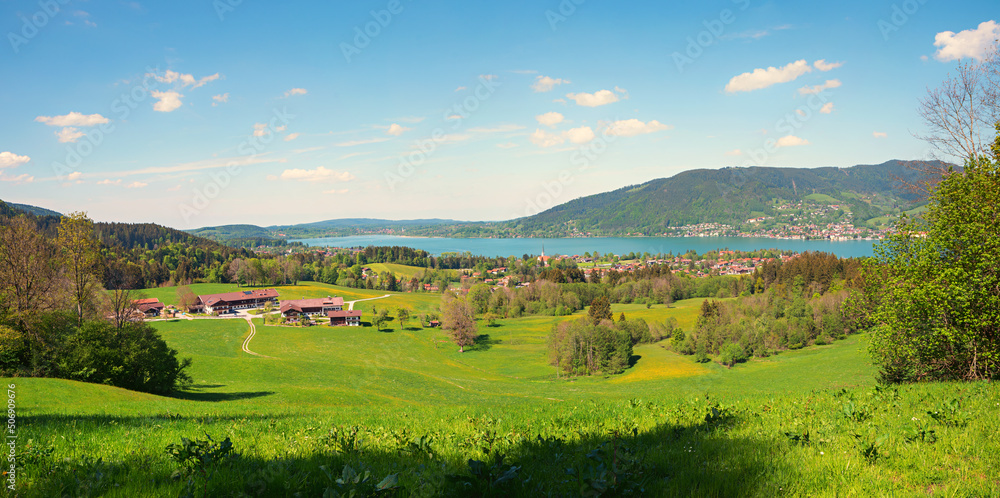 idyllic tourist resort Bad Wiessee and lake Tegernsee, view from lookout place Bucherhang. spring landscape upper bavaria