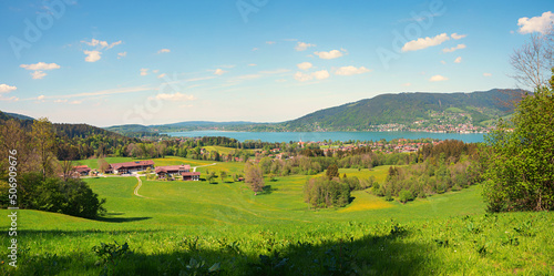 idyllic tourist resort Bad Wiessee and lake Tegernsee, view from lookout place Bucherhang. spring landscape upper bavaria