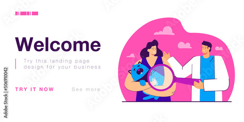 Vet examining dog using magnifying glass. Veterinary clinic service flat vector illustration. Pet checkup, animal treatment, medical pet care concept for banner, website design or landing web page