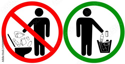 Do not litter in toilet icon use wastebasket instead. Keep clean sign. No to throw garbage into toilet in prohibition warning caution red circle isolated on white background.