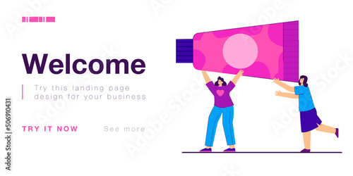 Tiny women holding giant tube of face or hand cream. Girls with skincare product flat vector illustration. Beauty, cosmetics, cosmetology concept for banner, website design or landing web page