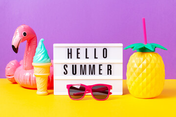 Retro vibe or 80s, nostalgic style still life with colorful summer accessories