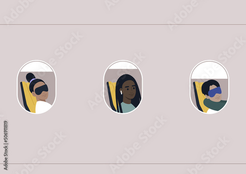 Passengers portraits in the illuminator frames, an airplane travel concept