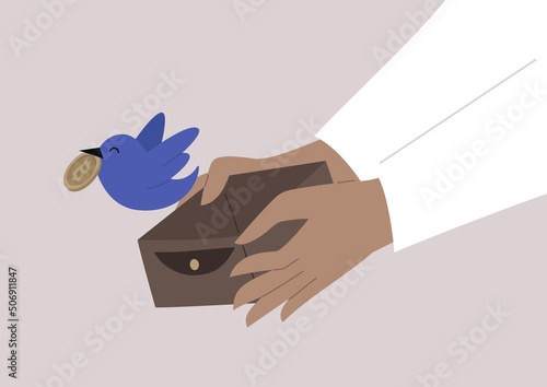 Hands opening a wallet, a bird flies out of it with a bitcoin, financial troubles, no cash, a cryptocurrency market crisis