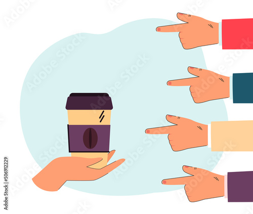 Fingers of people pointing at cup of coffee in hand of person. Man holding takeaway energy drink flat vector illustration. Attention, cafe concept for banner, website design or landing web page