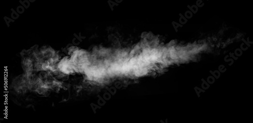 Perfect mystical curly horizontal white steam or smoke isolated on black background. Abstract background fog or smog, design element for Halloween, layout for collages.