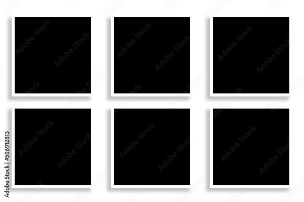 6 Square picture frames in black & white color with clean borders & a horizontal layout. Used as a photo collage template to place your album pictures or photographs collection in a classic old look. 6 Square picture frames in black & white color with clean borders & a horizontal layout. Used as a photo collage template to place your album pictures or photographs collection in a classic old look.