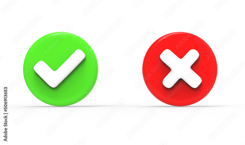 Green tick checkmark and cross mark symbols icon element in a circle, Simple ok yes no graphic design, right checkmark symbol. 3D rendering. Green tick checkmark and cross mark symbols icon element in a circle, Simple ok yes no graphic design, right checkmark symbol. 3D rendering.