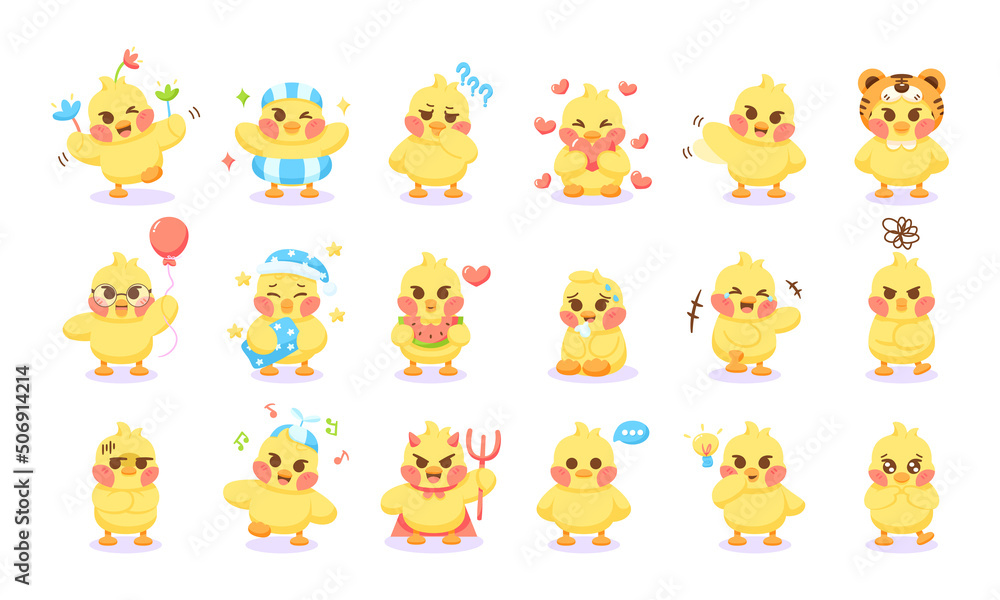 Set of different chick cartoon characters Vector illustration