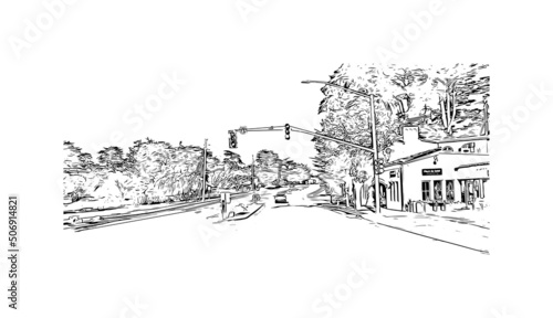 Building view with landmark of Monterey is the city in California. Hand drawn sketch illustration in vector.
