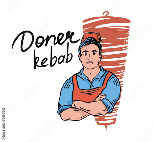 Сhef in hands crossed pose on doner shawarma background.Happy chef cook in hat isolated on white.Doodle style. Vector illustration.