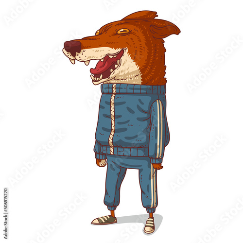A Happy Dog, isolated vector illustration. Funny anthropomorphic dog wearing a sport suit and laughing at something with his mouth open. A joyful humanized dog. An animal character with a human body.