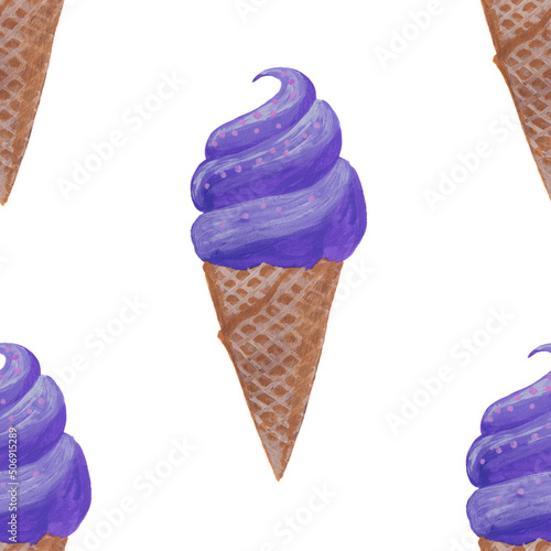 Seamless icecreame texture. Hand painted acrylic icecream ,white background. Sweets pattern. Bright purple color. photo