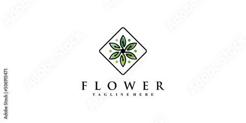 Lotus flower icon logo design with line art style and leaf element Premium Vector