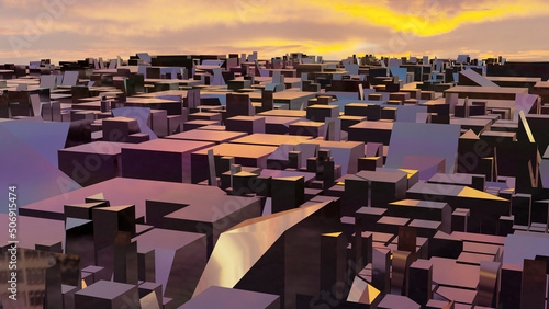 Aerial view of colorful city glass building block in sunset time (3D Rendering)