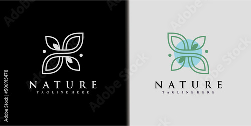 Nature logo design template with line art and leaf element Premium Vector