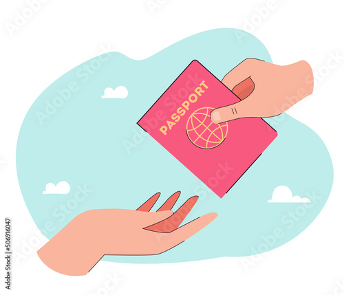 Hand giving passport with red cover to person. Getting visa or foreign citizenship by people flat vector illustration. Immigration, travel concept for banner, website design or landing web page