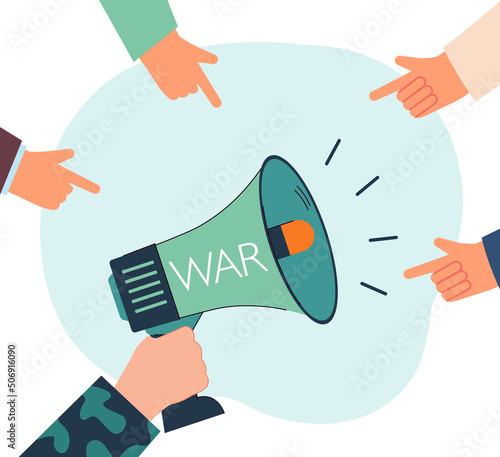 Peoples fingers pointing at megaphone with war word. Hand in camouflage uniform holding bullhorn flat vector illustration. Attention, propaganda concept for banner, website design or landing web page