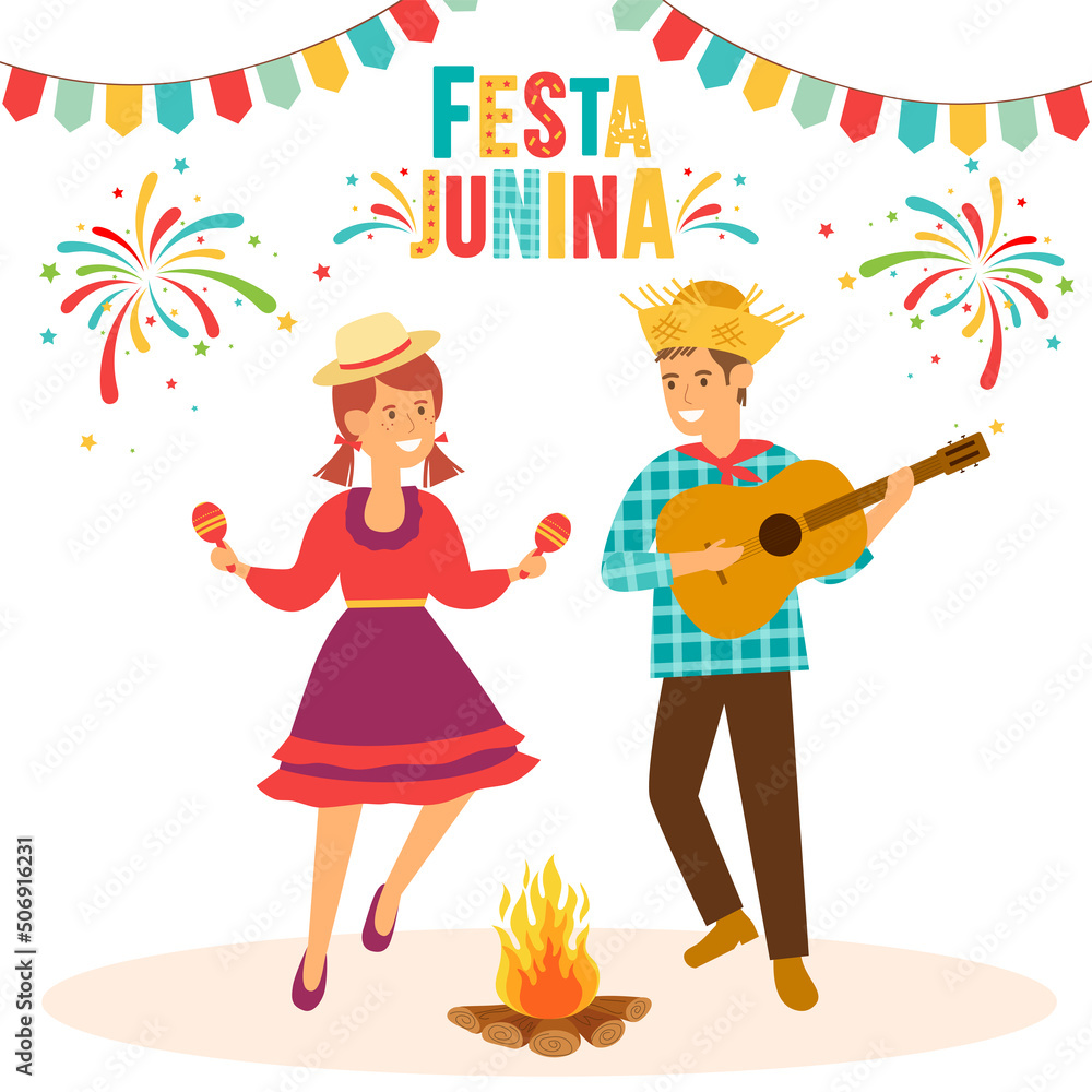 Festa Junina. Vector templates for Brazil june party. Brazilian symbols of guitar, bonfire, fun dancing people, festive fireworks. Festa Junina. Vector templates for Brazil june party. Brazilian symbols of guitar, bonfire, fun dancing people, festive fireworks.