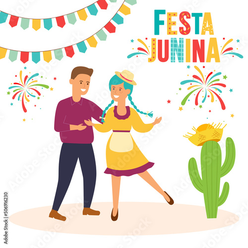 Latin American holiday Festa Junina, dancing people on the background of fireworks. Vector Illustration.