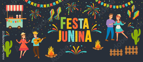 Latin American holiday Festa Junina traditional Brazilian symbols of party flags and paper lanterns, corn, guitar, bonfire, fun dancing people, festive fireworks.