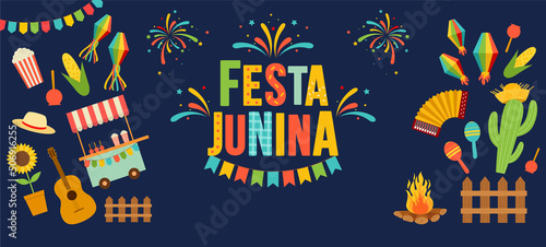 June party of Brazil. Vector Illustration Festa Junina. Symbols of party flags and paper lanterns, accordion, bonfire, guitar, corn, hat, maracas, festive fireworks.