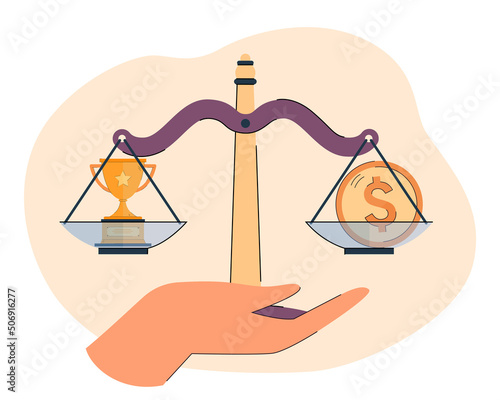 Hand holding balance scales with money and win golden cup. Person measuring price of victory flat vector illustration. Decision, investment concept for banner, website design or landing web page