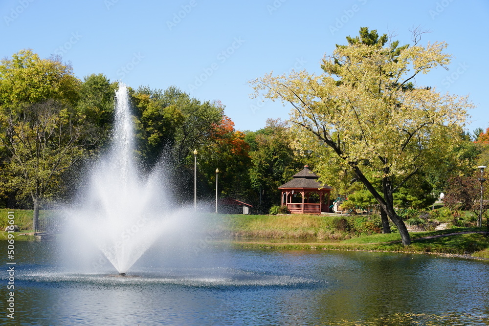 Water fountain spraying at Paquette park in portage, Wisconsin