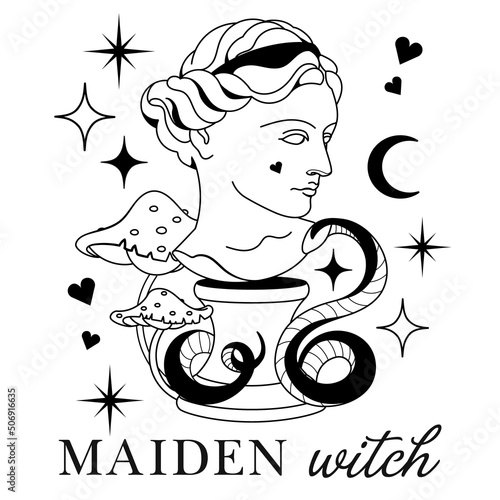 Witchy Women's antique statue with hallucination mushrooms, snake. Mystic outline style. Esoteric sacred line art print. Silhouette black and wight boho style print of female face for tee, t shirt.