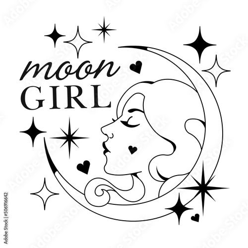 Mystic crescent moon with female face.Silhouette design with Moon girl for print, engraving, tattoo or sublimation Witchcraft, astrology and boho style elements: stars, devine omens
