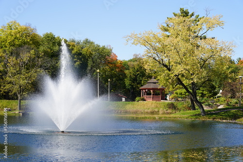 Water fountain spraying at Paquette park in portage, Wisconsin