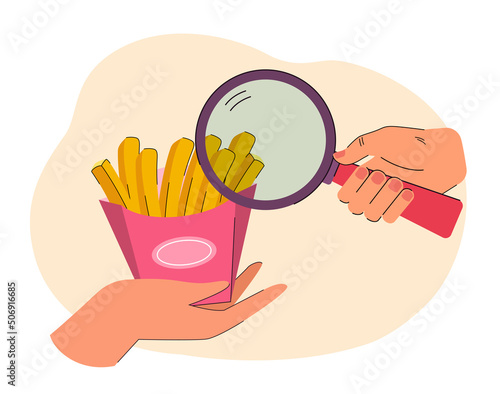 Person holding magnifying glass and french fries. Person searching fastfood services for quality check flat vector illustration. Food control concept for banner, website design or landing web page