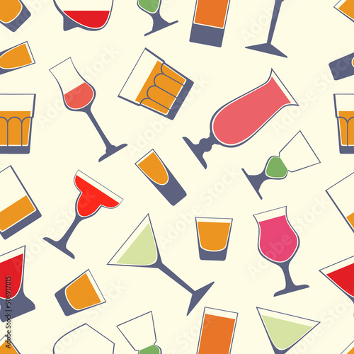 Different types cocktail glasses seamless pattern. Various types of cocktail glasses. Types of glasses used for alcohol. Shot, martini, absinthe, margarita. Color flat vector illustration. Isolated.