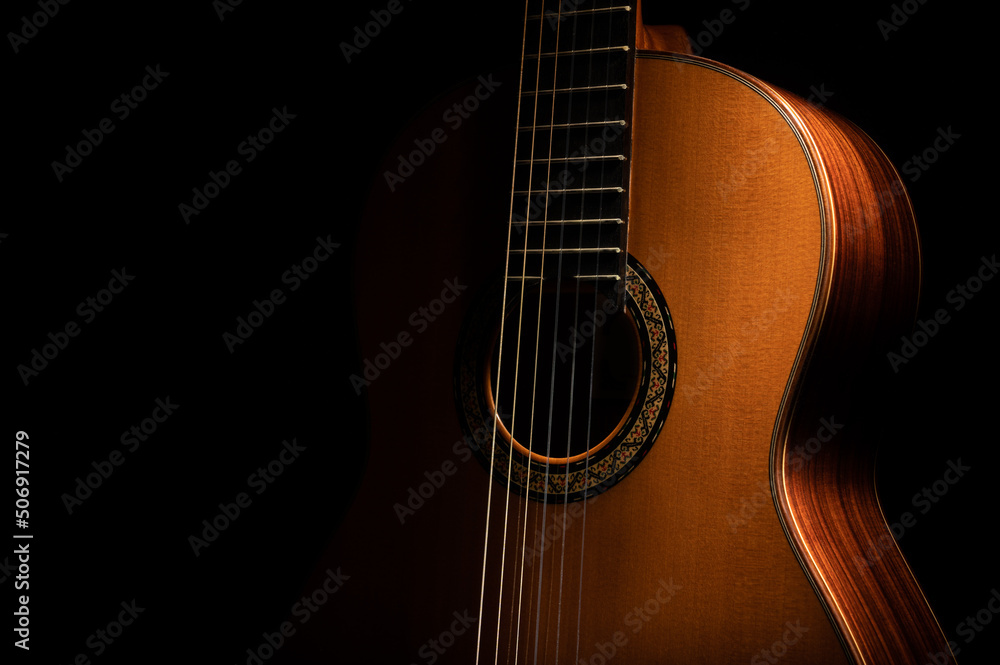 Classical guitar on a black background with copy space