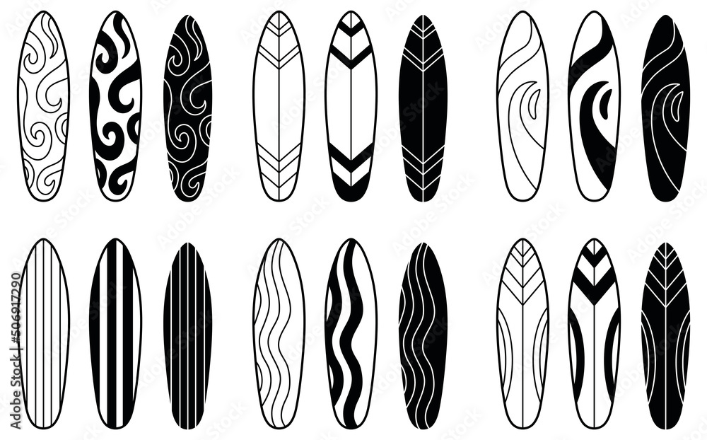 Surfboard with Design Patterns Clipart Set - Outline and Silhouette