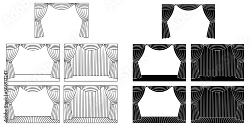 Theater Stage and Curtains Clipart Set - Outline and Silhouette