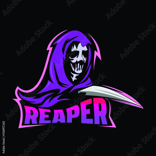 Reaper holds the scythe with a scary face esport logo suitable for team logo and mascot logo photo