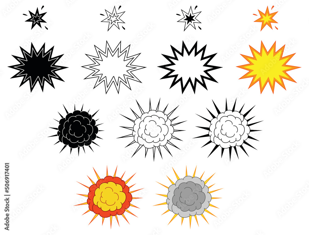 Cartoon Spark and Explosion Clipart Set - Outline, Silhouette and Color Cartoon Spark and Explosion Clipart Set - Outline, Silhouette and Color