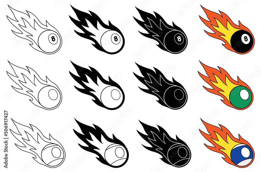 Billiard Pool 8 Ball with Flames Clipart Set - Outline, Silhouette and Color