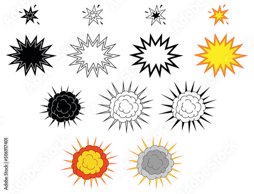 Cartoon Spark and Explosion Clipart Set - Outline, Silhouette and Color