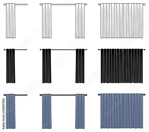 Modern Window  Curtains or Drapes Clipart - Outline, Silhouette and Color