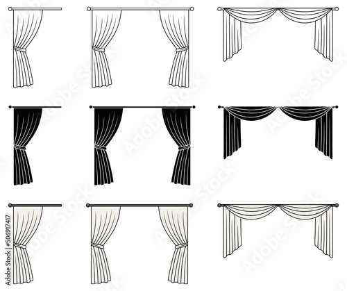 Classic Window Rod and Curtains Clipart - Outline, Silhouette and Color