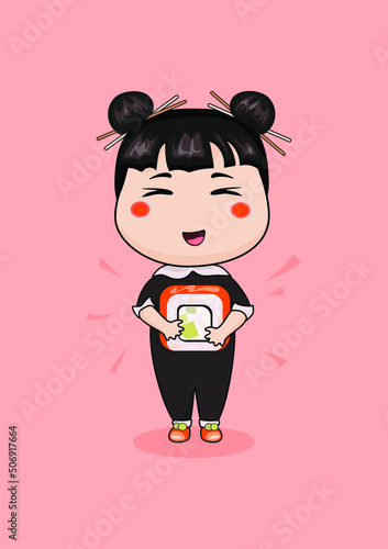 A cartoon drawing of a smiling dark-haired girl with funny ponytails clutching a huge sushi on a pink background. Postcard with a child who loves Asian food.