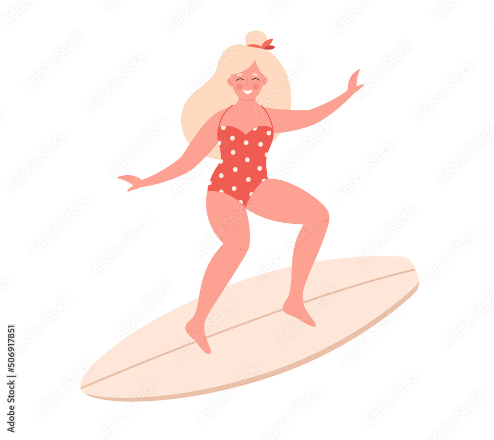 Woman surfing on surfboard. Summer activity, summertime, surfing. Hello summer. Summer Vacation. Hand drawn vector illustration