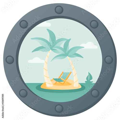 Summer illustration of two palmas and sun chair on the island in the sea from the ship illuminator. 