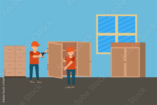 Furniture makers are making a cupboard inside a house vector. Flat characters making furniture for a house concept. Mechanic using his tool to repair a cupboard or furniture vector.