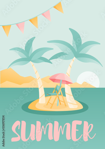 Summer festive postcard. Illustration of two palmas and sun chair with parasol on the island in the sea.