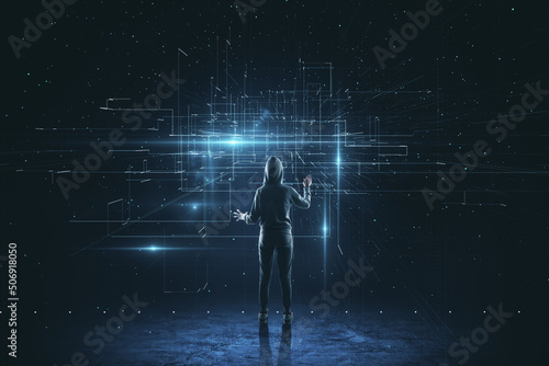 Working and surfing in virtual reality and cyber space concept with back view on human in sport suit looking at digital display with crossing virtual lines
