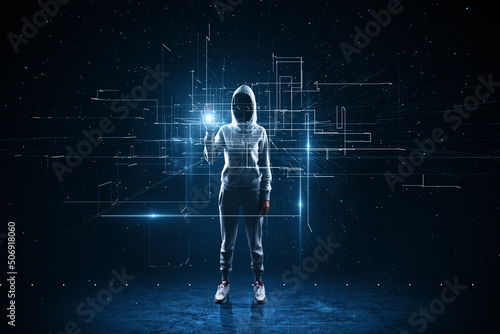 Cyber space security concept with faceless hacker in sport suit working with digital screen with lines and intersections